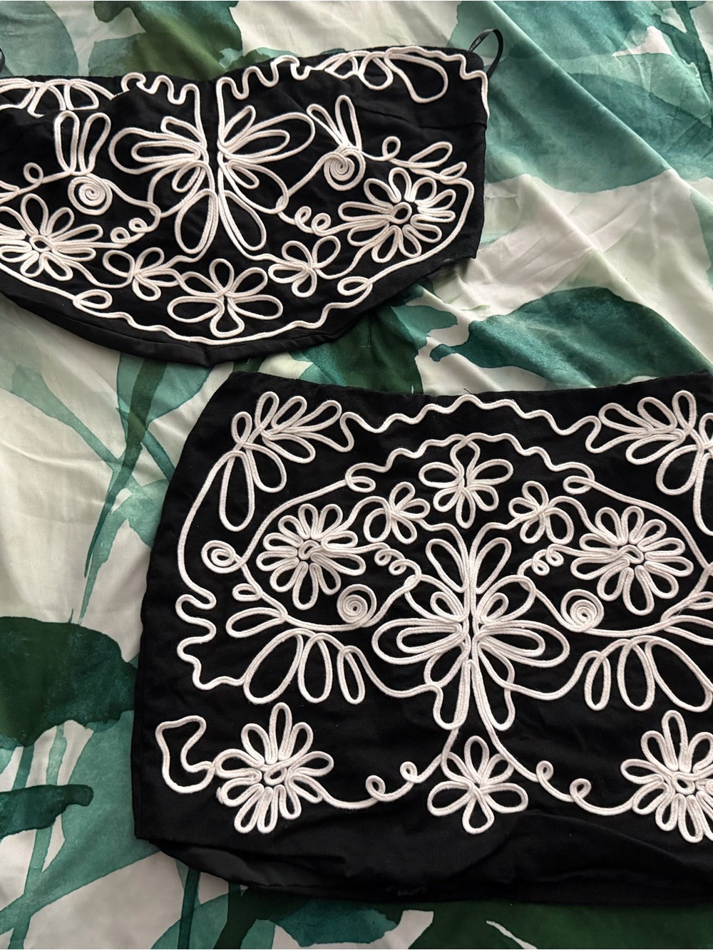 Black Strapless Embroidered Tube Top with White Floral Detail